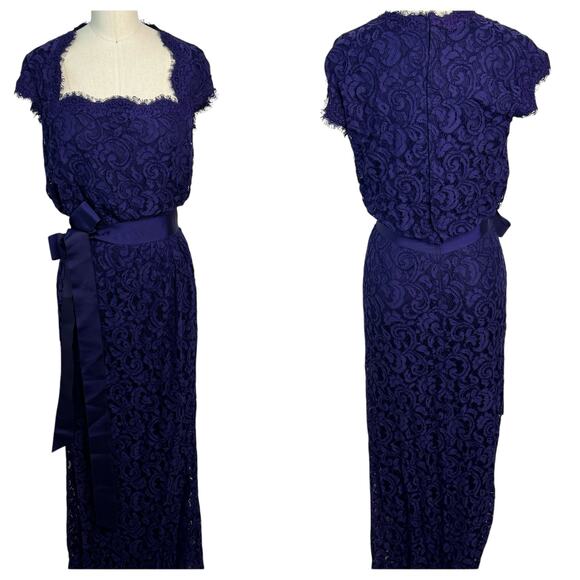 Tadashi Shoji Cap Sleeve Lined Ribbon Tie Sash Lace Long Gown Blue Womens Size 6 - Picture 3 of 11